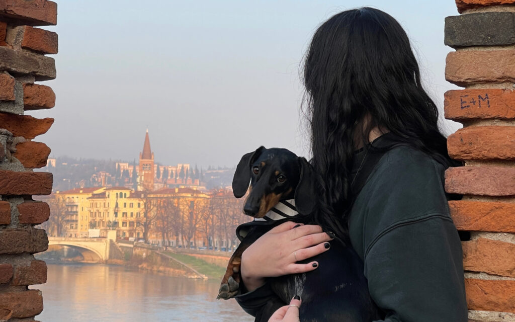 girl sits with dog on lap in front of verona, italy